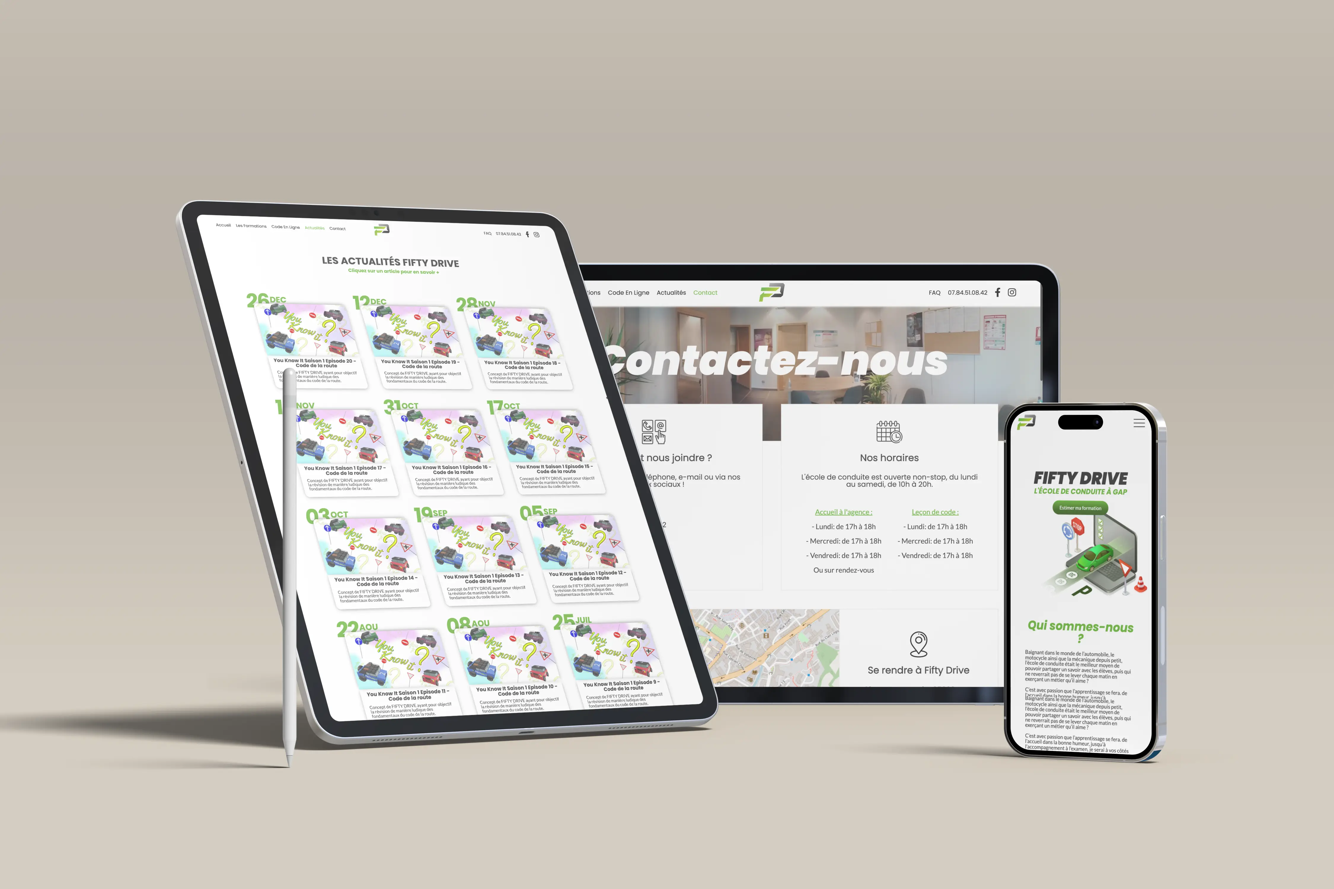 mockup d'un téléphone affichant le site fiftydrive.fr
